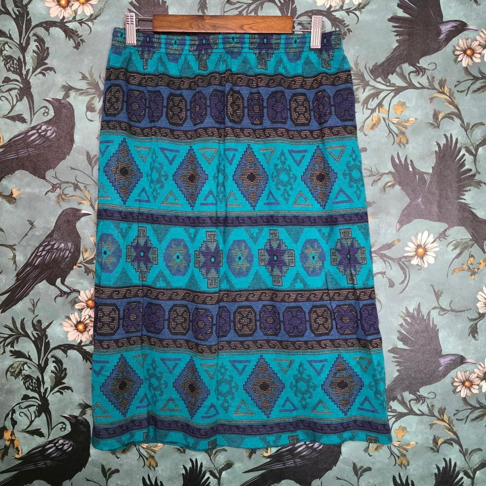 Graff Californiawear Midi Skirt Southwestern Geometric Knit Teal Purple Vintage